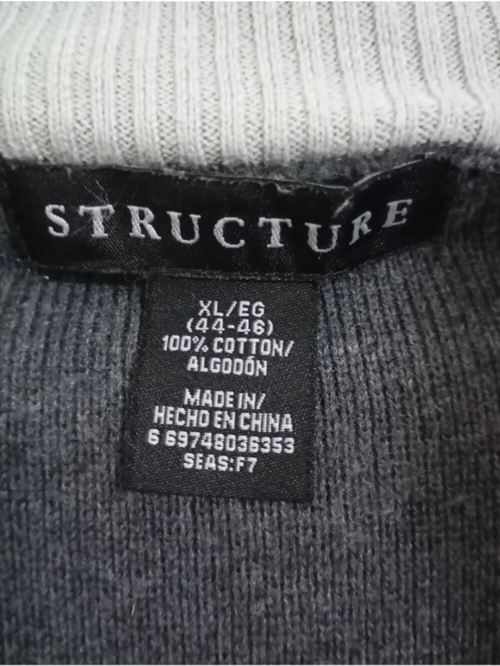 Structure Mens Charcoal 1/4 Zip Pullover Sweater XL 100% Cotton
